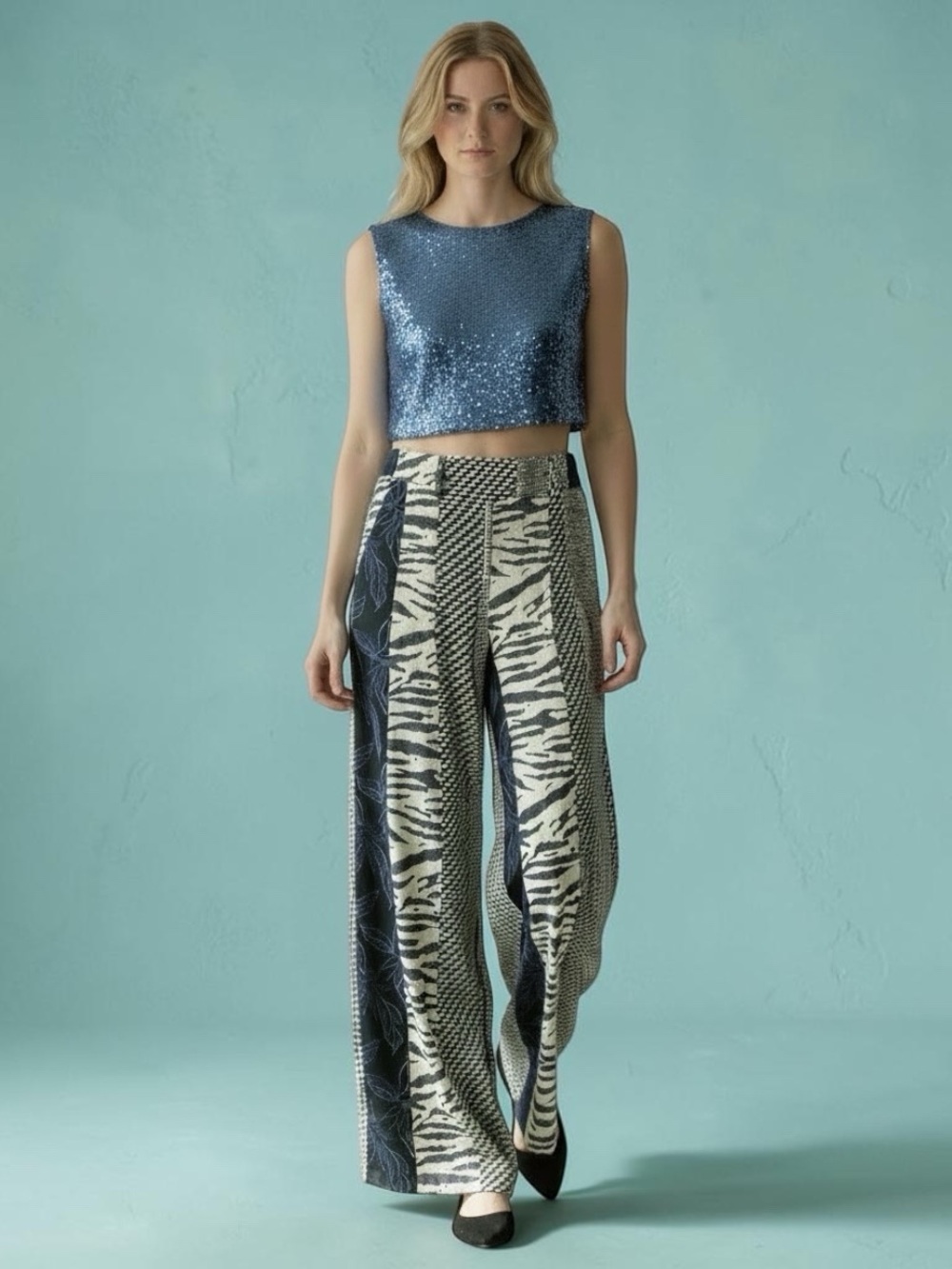 Wide Leg Patterned Palazzo Pants - Navy, Crean and Royal blue.
